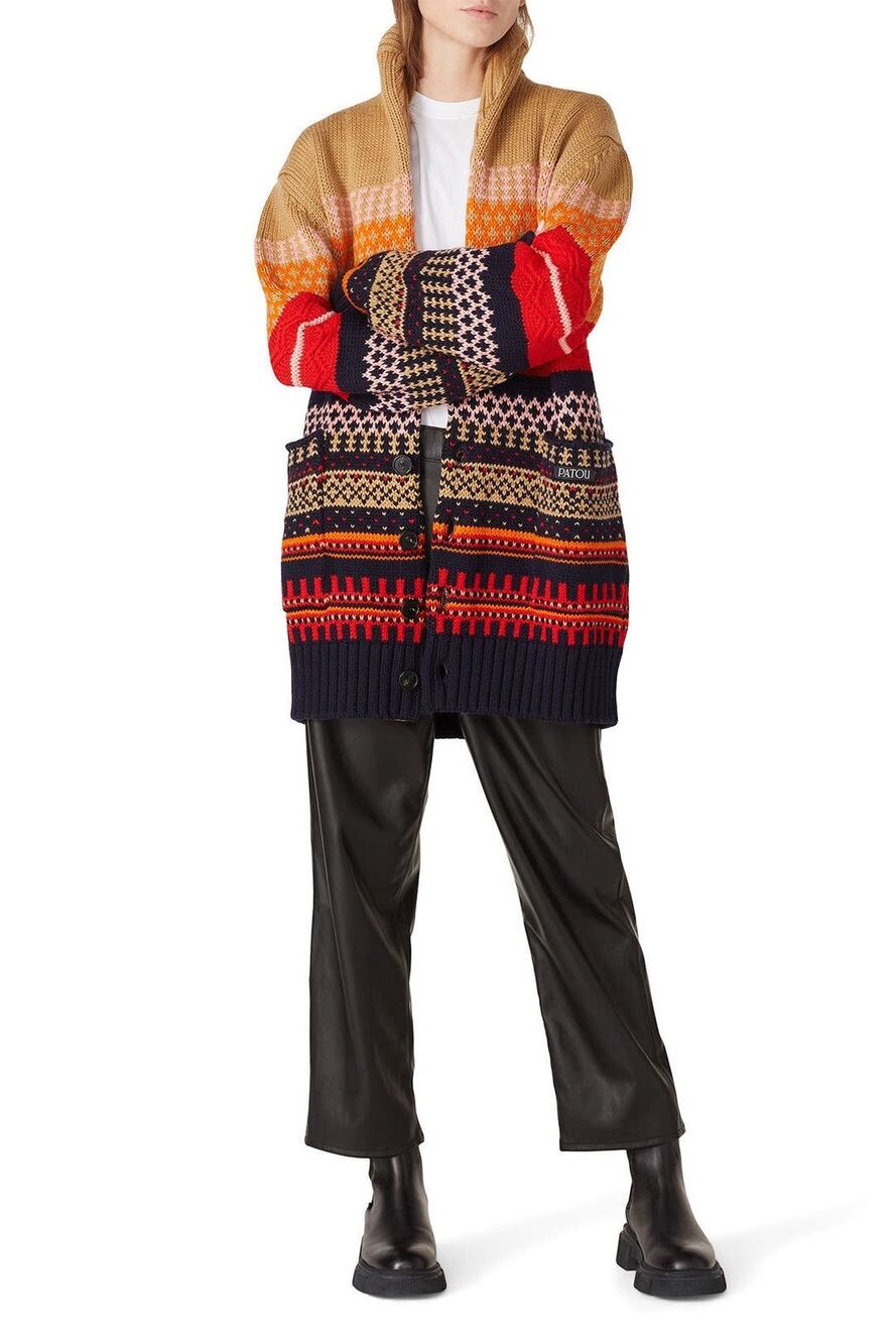 Patou Multicolor Fair Isle Wool Knit Button Front Ski Winter Cardigan Sweater XL